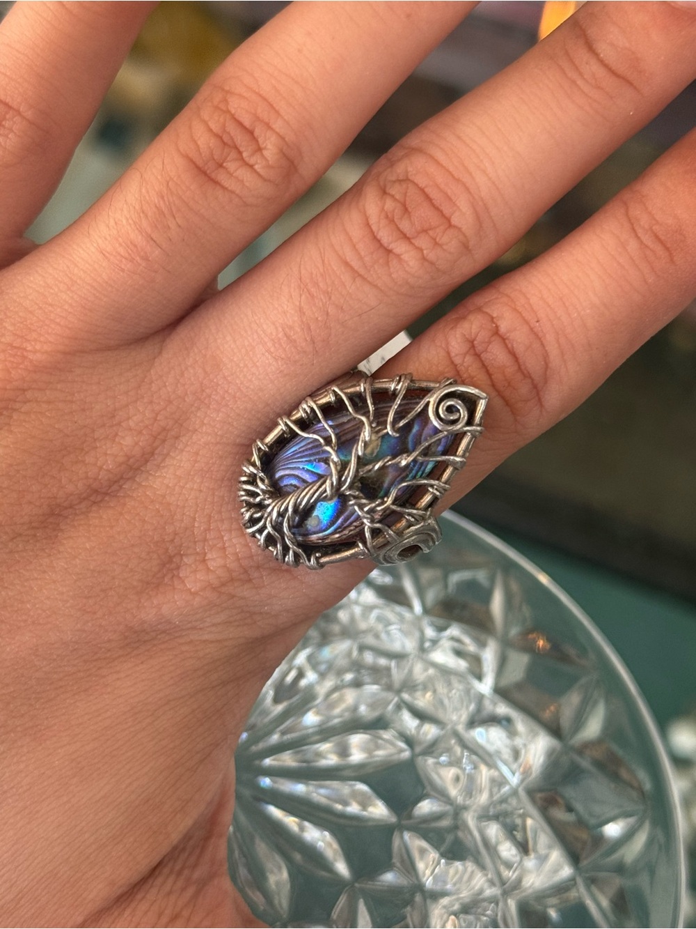 Sterling Silver Abalone Shell Wire-Wrap Statement Ring - Tree of Life